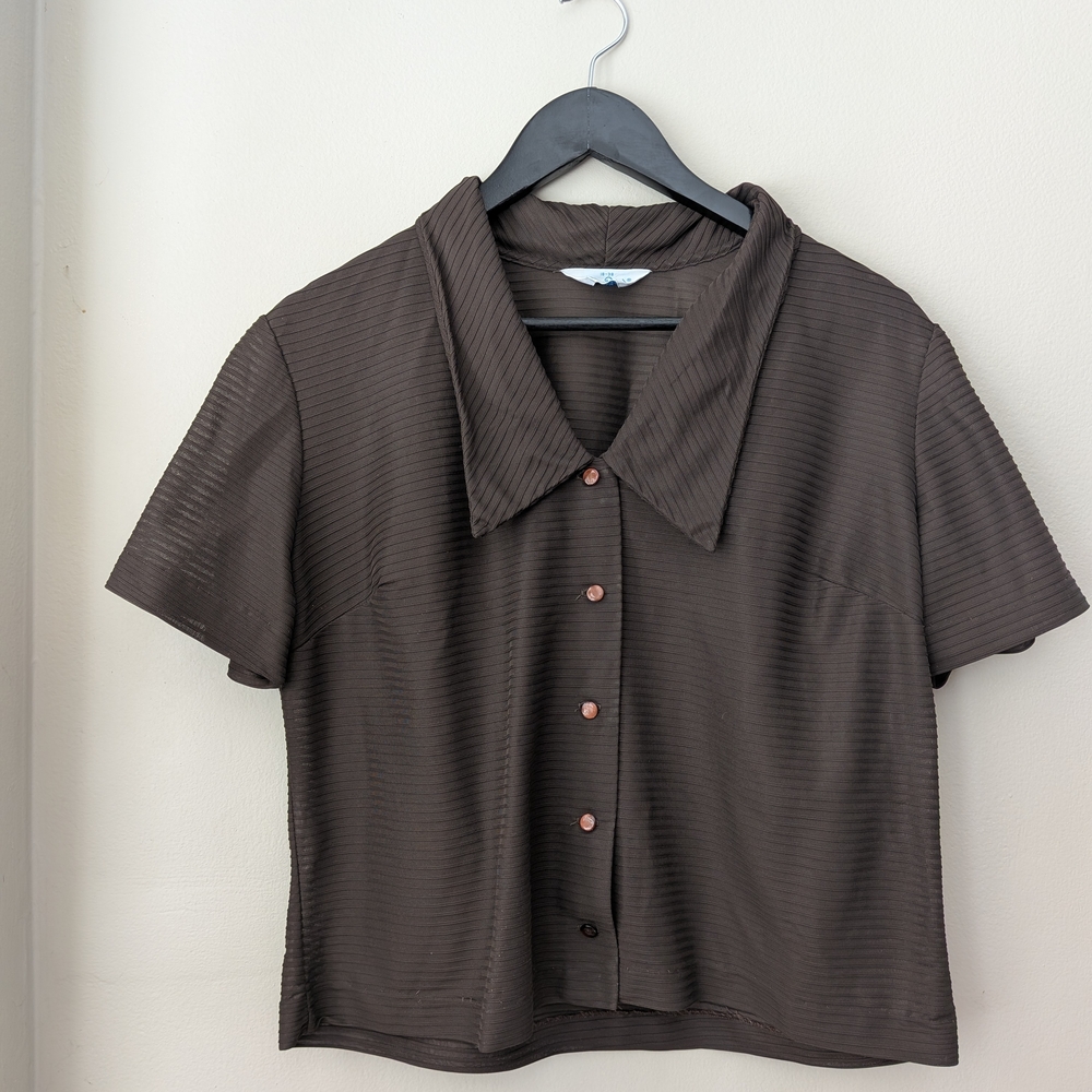 True 60s Vintage | Judy Bond | Brown Textured Blouse | Mod Collar | Vtg Crop Top